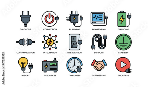 Colorful electrical and energy icon set illustrating various concepts in technology and innovation