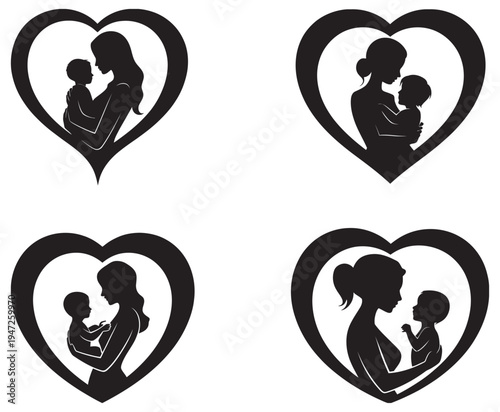 Mother Love symbol silhouette icon set, heart embrace family care, maternal design, minimal black style, editable scalable vector graphics