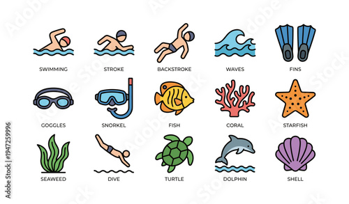 Swimming icons: diverse aquatic activities and marine life illustrated