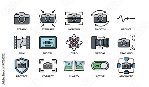 Camera icon set featuring stabilize, horizon, and optical tracking symbols