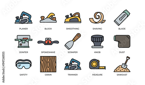 Woodworking tools collection: planer, jointer, spokeshave, scraper, safety gear, sawdust