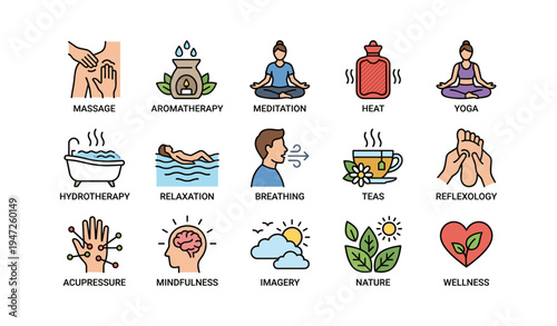 Illustrated guide to wellness: meditation, aromatherapy, yoga, hydrotherapy practices