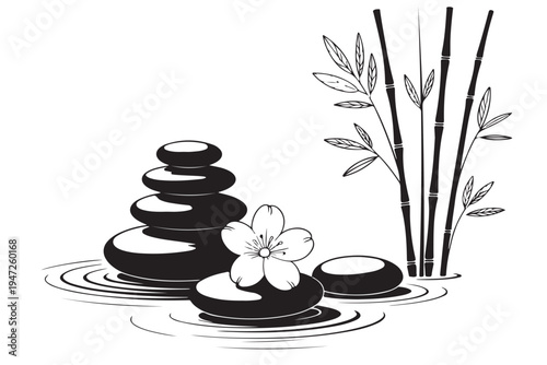 Zen stones and bamboo stems with cherry blossom flower for spa relaxation concepts featuring balanced rock stack on rippling water for massage therapy or oriental meditation branding