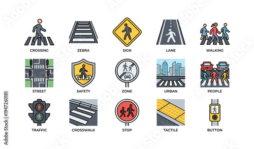 Traffic and pedestrian icon set including safety signs and road symbols