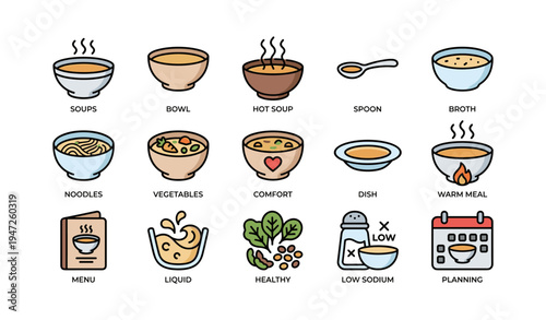 Variety of comfort soups with bowls, spoon, and ingredients illustrated