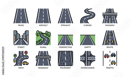 Road and highway icons set featuring streets, curved paths, and traffic interchange designs