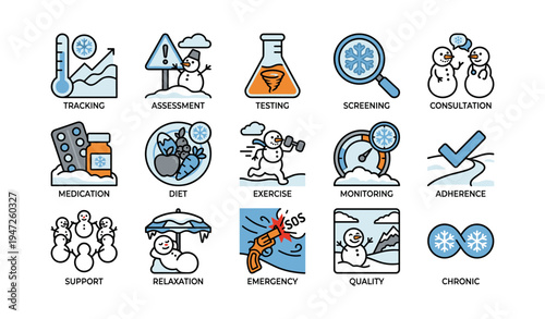 Icons depicting winter health practices and activities