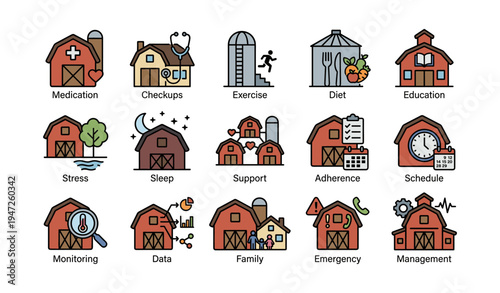 Farm health management icons: medication, checkups, exercise, diet, education tools