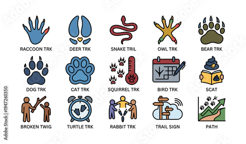 Trail and animal track identification icons illustrated in color