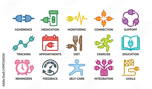 Colorful health and wellness icons for medication, exercise, education, and more