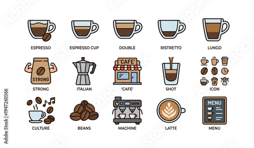 Illustrated coffee icons featuring espresso, cups, grinder, beans, latte, and coffee machine