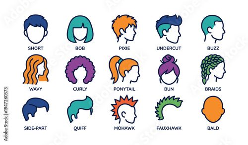 Diverse hairstyles collection: short, bob, pixie, undercut, buzz, wavy, curly, ponytail