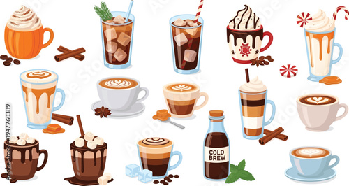 Seasonal Coffee Drinks Vector Collection with Pumpkin Spice Latte, Iced Coffee, Caramel Latte, Cappuccino, Mocha, Cold Brew, and Festive Café Beverages