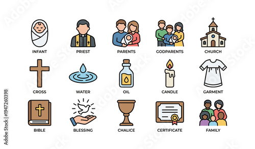 Baptism icons set: religious symbols and family elements