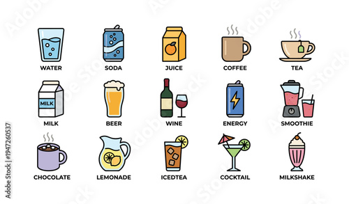 Illustrated icons of popular beverages including coffee, juice, soda, wine, and more