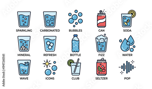 Illustrated set of fizzy drink icons featuring cans, bottles, and glasses with sparkling and bubbly designs