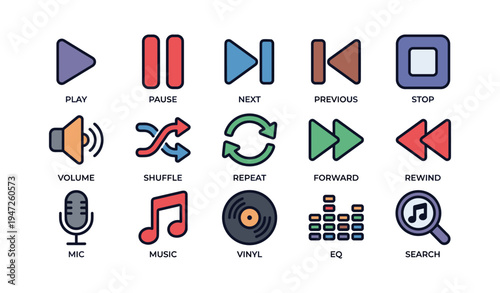 Colorful audio control icons: play, pause, volume, music, search
