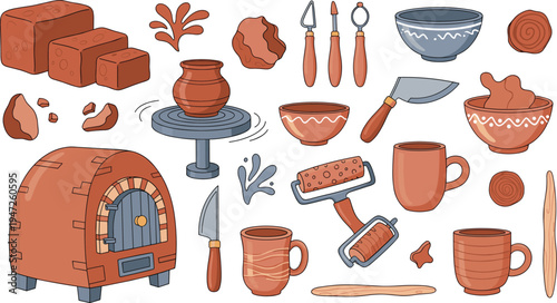 Pottery and Ceramics Studio Tools Icon Set Featuring Clay Blocks Pottery Wheel Kiln Oven Sculpting Tools Bowls Mugs and Handmade Ceramic Elements