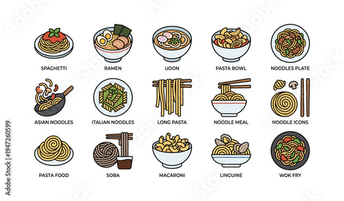 Variety of delicious noodle dishes featuring spaghetti, ramen, udon, and more