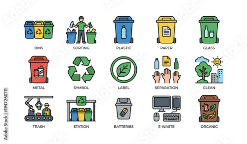 Recycling icons: bins, sorting, plastic, paper, glass, metal, symbol, label, separation, clean