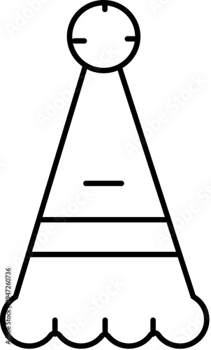 Party hat outline for a celebratory occasion, featuring a cone shape with a decorative band and pom pom at the top, symbolizing joy, fun, and festive gatherings