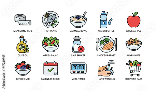 Healthy lifestyle icons: nutrition, exercise, meal prep, and hygiene essentials