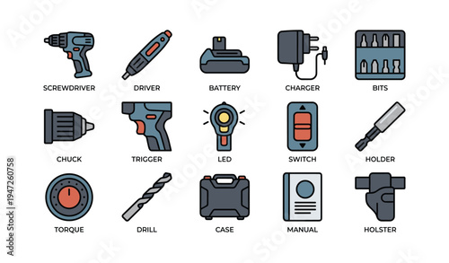 Selection of handheld workshop tools with batteries and accessories