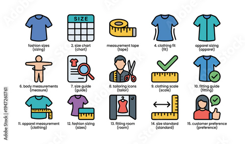Clothing sizing and measurement guide icons for apparel fitting and tailoring