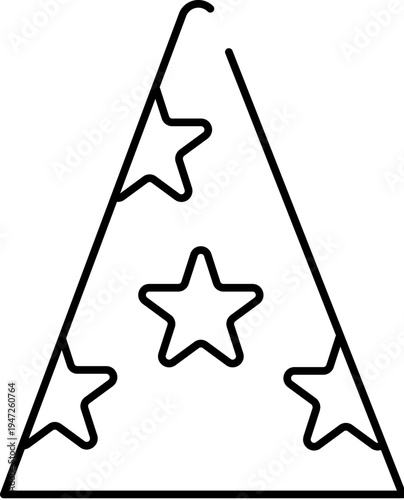 Wizard hat decorated with star outlines symbolizing magic, fantasy, and mystery, perfect for design elements related to parties, celebrations, and whimsical themes