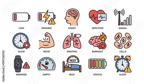 Various icons depicting fatigue and energy levels with corresponding symbols