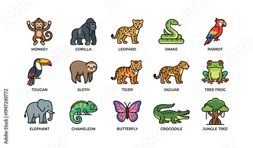 Colorful collection of jungle animals: monkey, parrot, tiger, elephant, butterfly and more