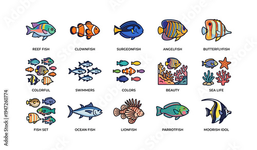 Colorful marine life illustrated: clownfish to moorish idol