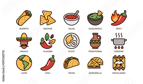 Mexican food icons: tacos, salsa, guacamole, and more traditional dishes