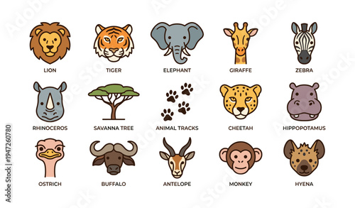 Illustrated safari animals: lion, tiger, elephant, giraffe, zebra in cartoon style