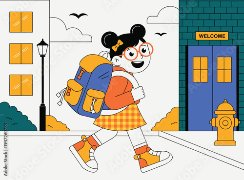 Flat Vector Illustration Of A Happy Young Girl With Backpack Walking To School Building Entrance
