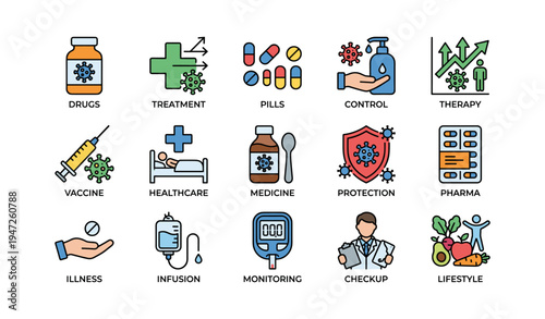 Diverse healthcare and medicine icons including treatment and vaccine elements