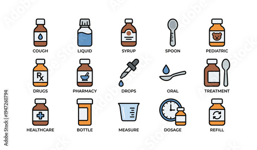 Medical icons set for cough syrup, droppers, and healthcare supplies