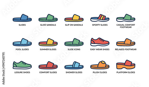 Variety of colorful slides and sandals illustrations for casual and sporty footwear