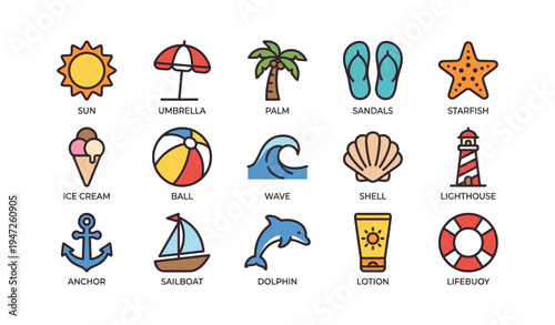 Colorful summer icons: sun, umbrella, palm, sandals, starfish for beach fun