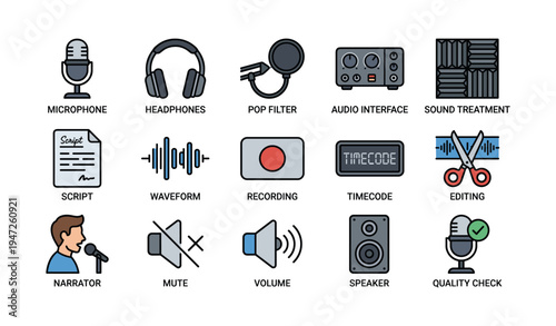 Audio production equipment icons: microphone, headphones, mixer, speaker, recording tools