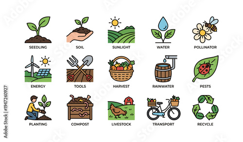 Sustainable farming icons: seedling, soil, sunlight, water, pollinator, energy, tools, harvest, rainwater, pests