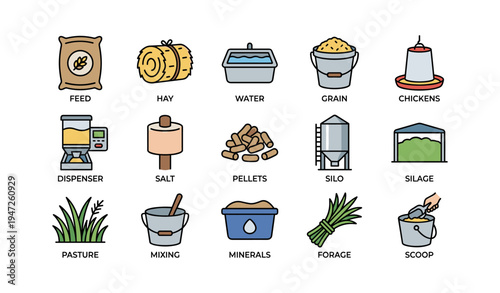 Farm animal feeding supplies and equipment icons