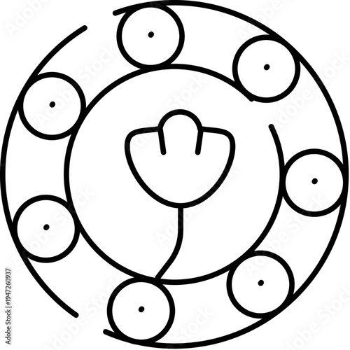 Tambourine percussion instrument with a central floral element and numerous jingles arranged in a circular design, forming a recognizable musical symbol