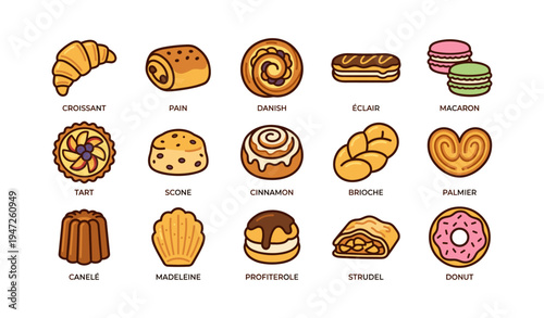 Assorted baked goods: croissant, danish, éclair, macaron, tart, scone, cinnamon roll, brioche, palmier