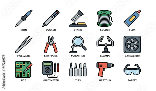 Soldering tools icons collection: iron, sucker, stand, solder, flux