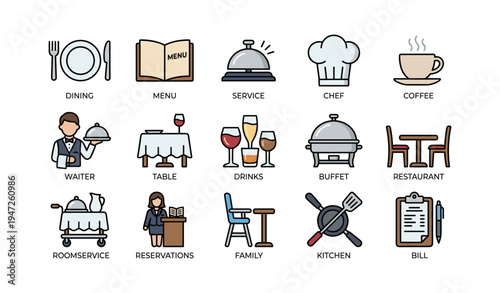 Restaurant icons collection featuring dining, menu, service, chef, coffee, and more