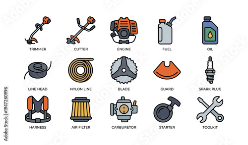 Essential garden tool icons: trimmer, cutter, engine, fuel, oil, toolkit