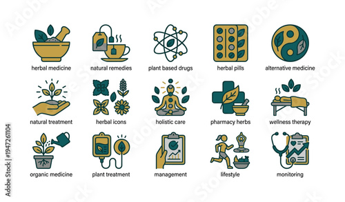 Herbal and natural remedies icons collection for holistic wellness and alternative medicine