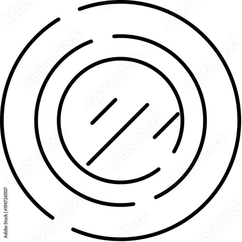 Round circular mirror with diagonal reflective lines on a white background, minimal modern icon for ui, web graphics, interior and beauty design concepts and products
