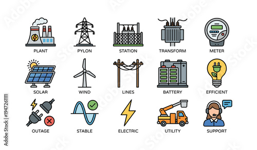 Energy icons set: power plant, pylon, solar, wind, battery, efficient lighting
